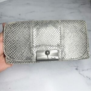 Coach Kristin Leather Embossed Metallic Gold Python Envelope Slim Wallet